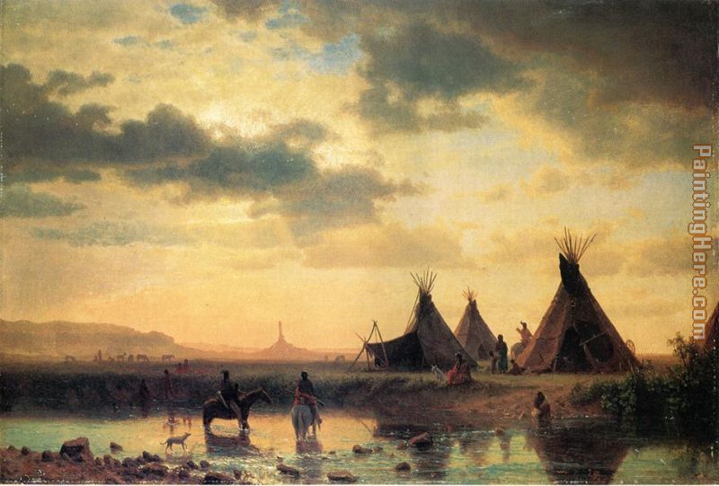 View of Chimney Rock, Ogalillalh Sioux Village in Foreground painting - Albert Bierstadt View of Chimney Rock, Ogalillalh Sioux Village in Foreground art painting